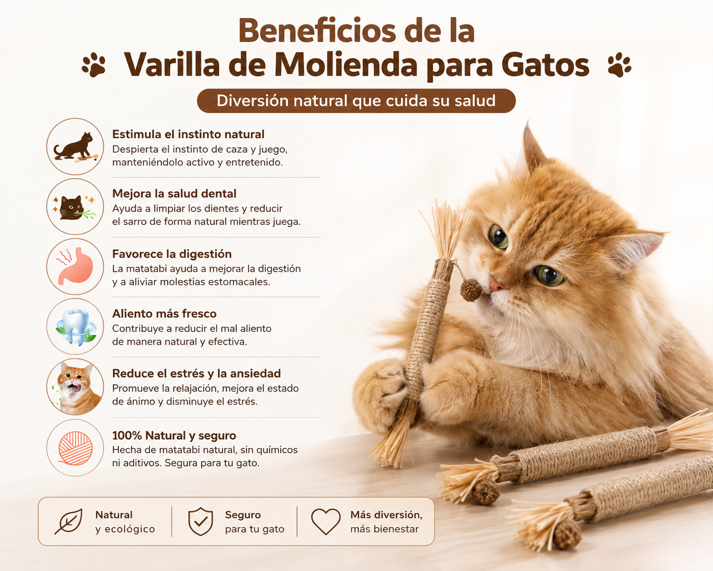 Varilla de Matatabi para Gatos | Palito Mordedor Natural Limpiador Dental y Juguete Interactivo