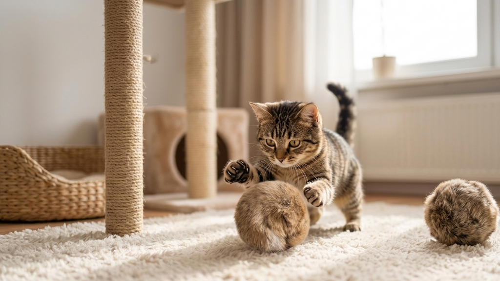 Pelota de Peluche con Tacto Real para Gatos - Juguete Silencioso que Estimula el Instinto de Caza