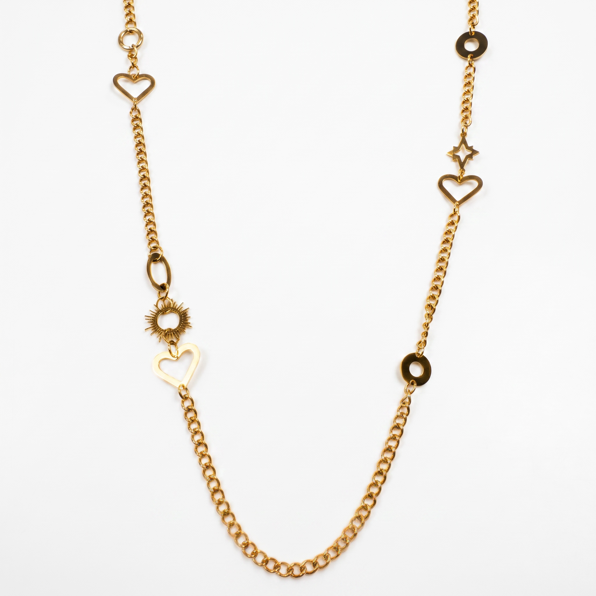 Collar Largo Dorado con Eslabones y Figuras de Corazón y Sol