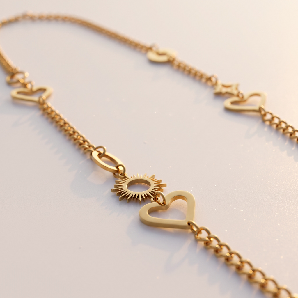 Collar Largo Dorado con Eslabones y Figuras de Corazón y Sol