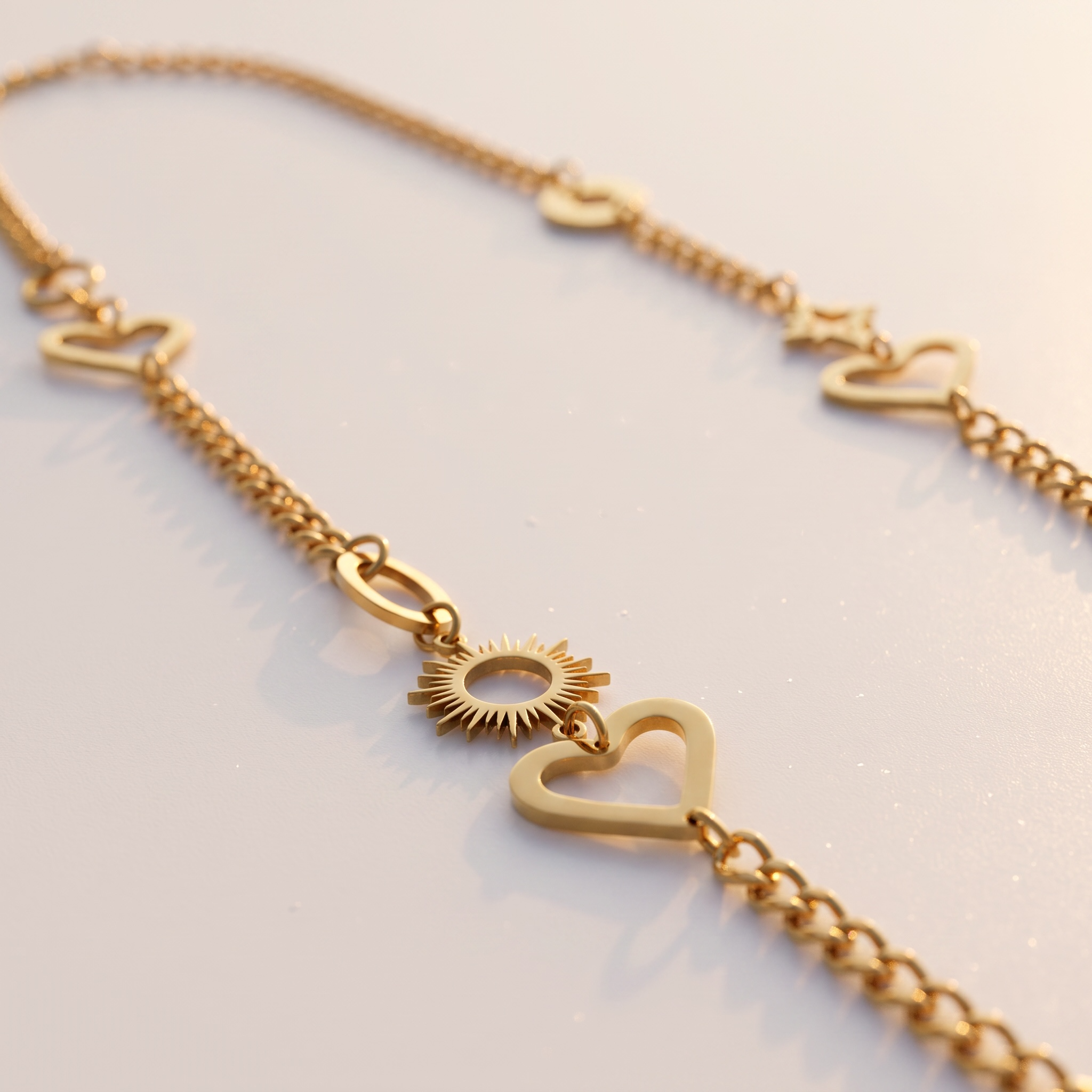 Collar Largo Dorado con Eslabones y Figuras de Corazón y Sol